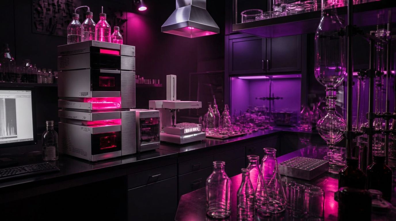 Advanced analytical laboratory workstation with precision instruments and glassware under neon blue and lime illumination